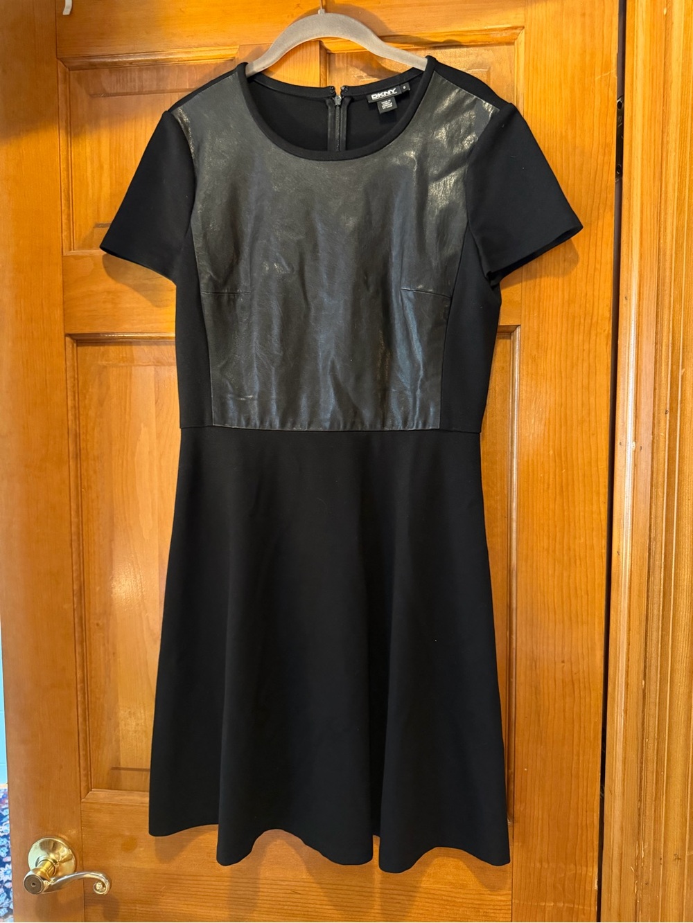 DKNY Black Faux-Leather Panel Midi Dress